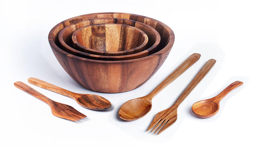 Acacia Nesting Round Wood Bowls Mix Size 9½” 8½” 7” Stackable Acacia Wooden Bowl Set with Spoons and Forks for salad dip sauce snack rice pasta soup fruit cereal Tableware Nested Dish Sets